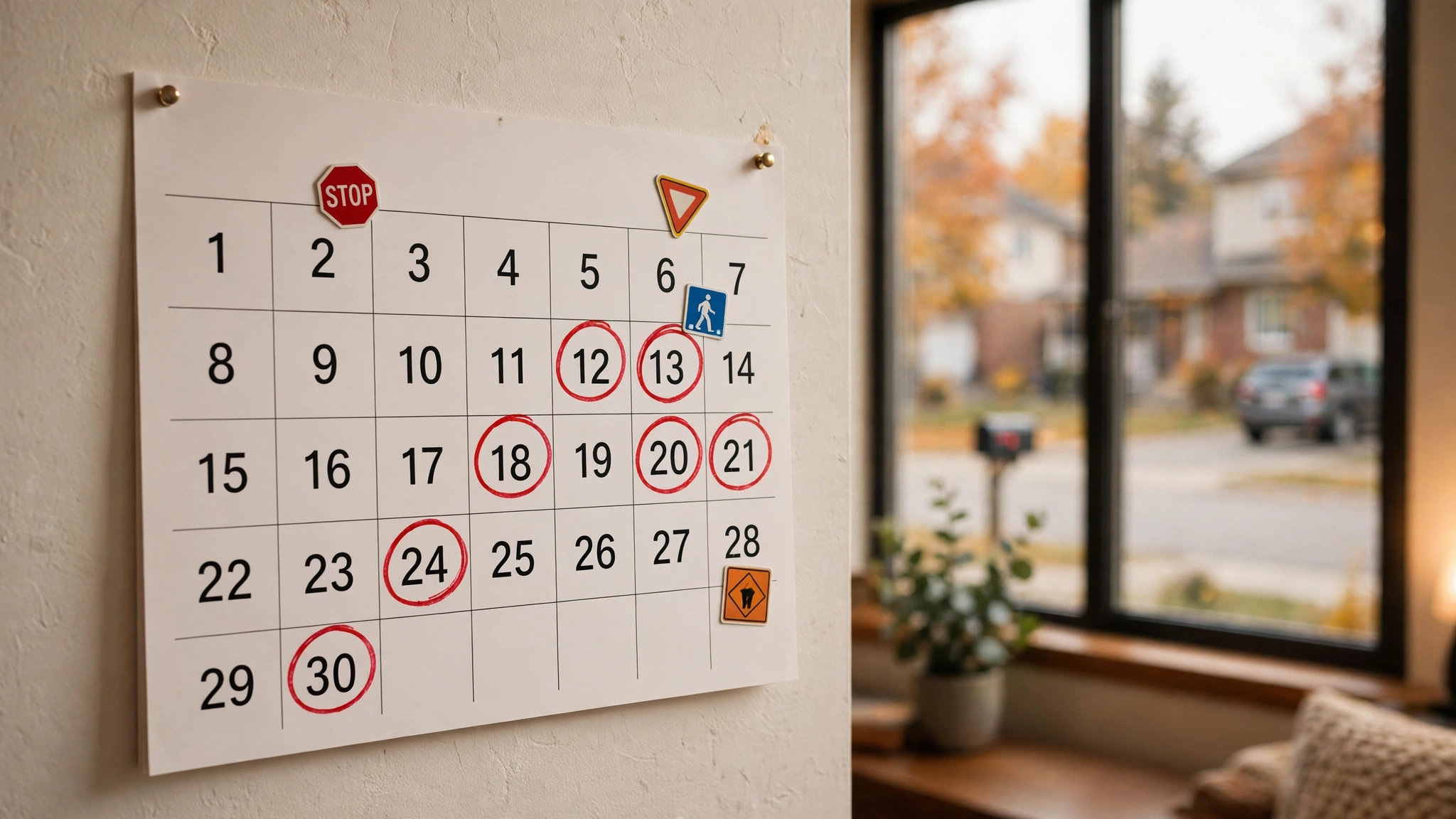 Wall calendar with study days circled in red marker beside a window overlooking an Ontario street