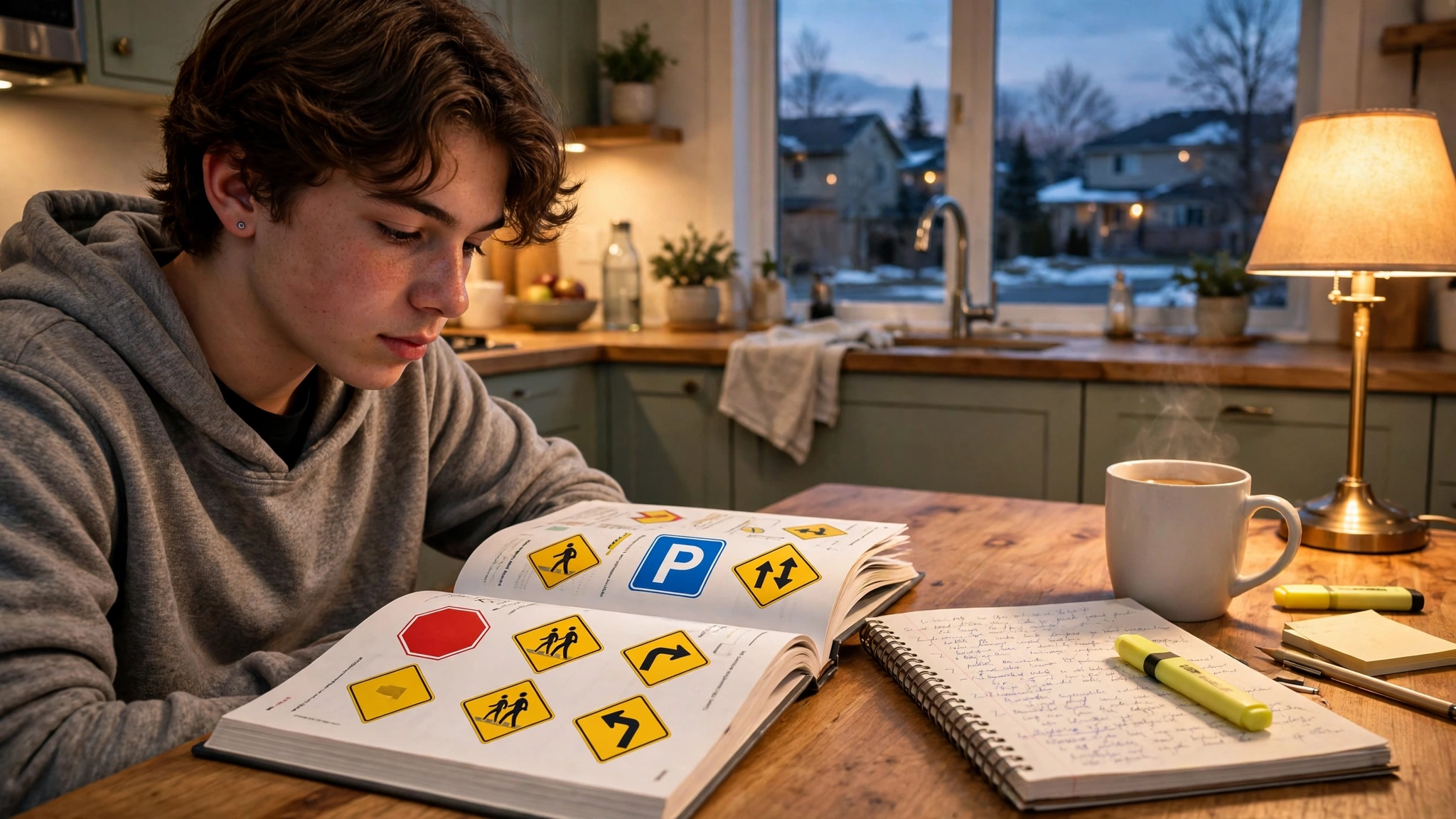 Teenager studying for the G1 test at a kitchen table with an open driver's handbook, highlighter, and notebook