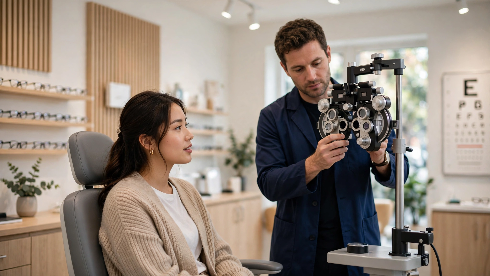 Young woman taking a vision test at an optometrist's office, reading an eye chart while the optometrist stands by