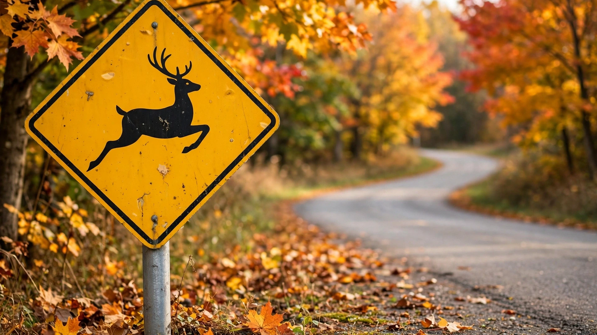 Yellow diamond warning sign beside a curving Ontario country road in autumn