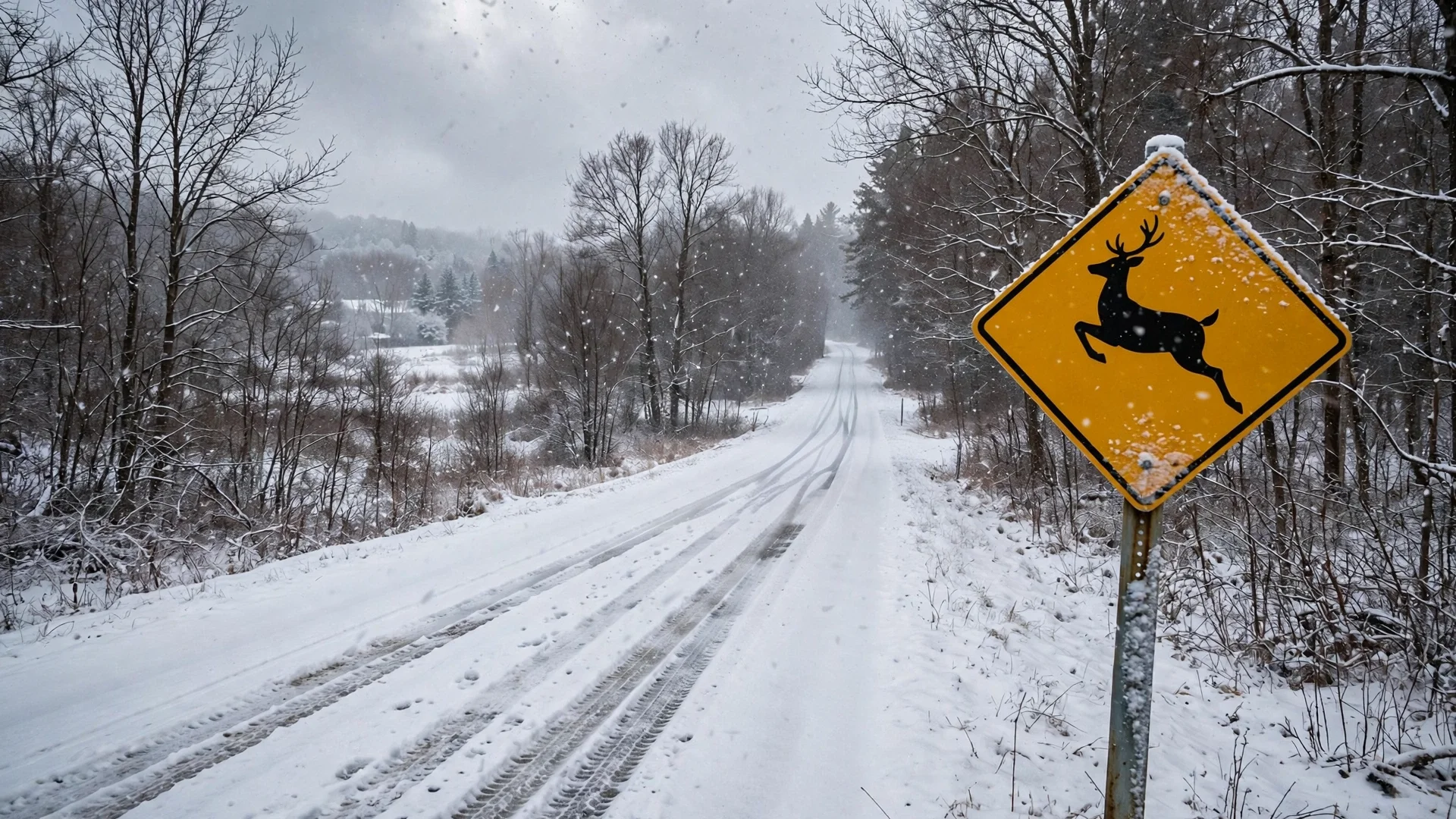 Snow-covered Ontario road with a yellow diamond deer crossing warning sign