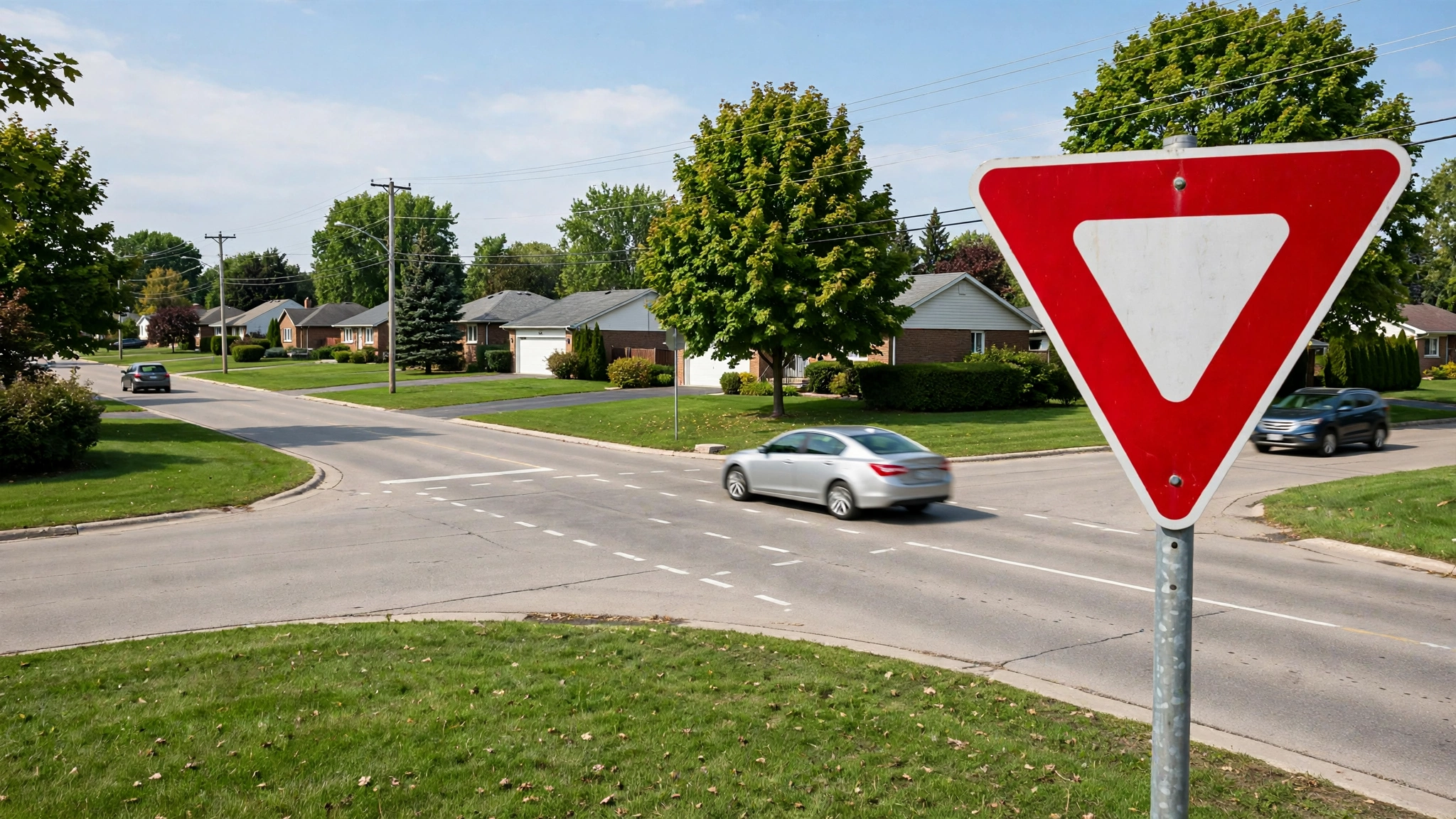 A red and white yield sign at a suburban Ontario road junction