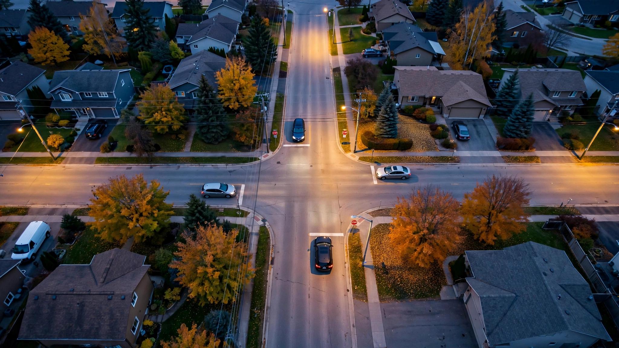 Aerial photo of a four-way stop intersection in a Canadian suburb at dusk, with cars stopped at stop signs