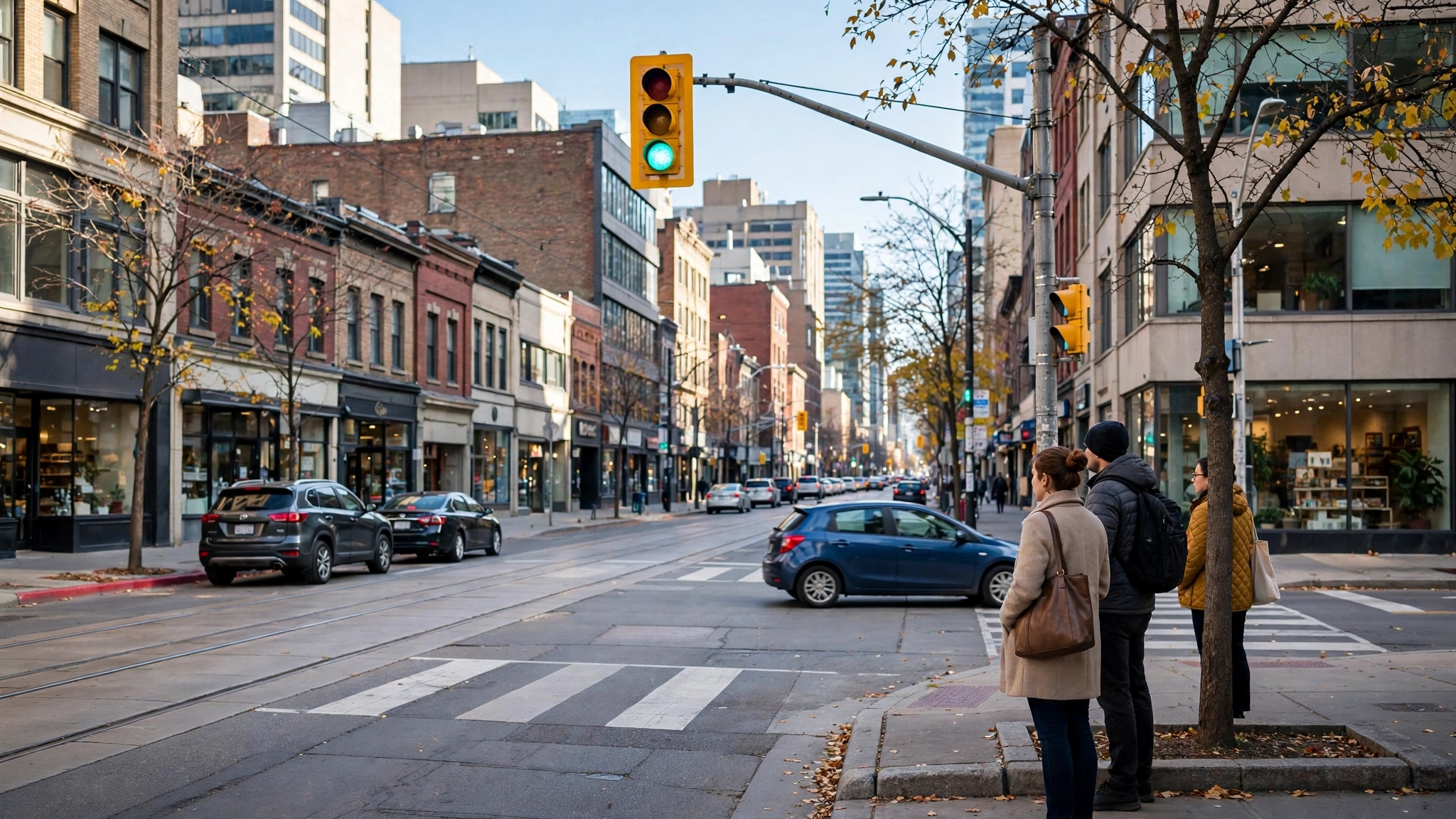 Photo of a city intersection in Toronto with a green traffic light, cars waiting and turning, and pedestrians on the sidewalk