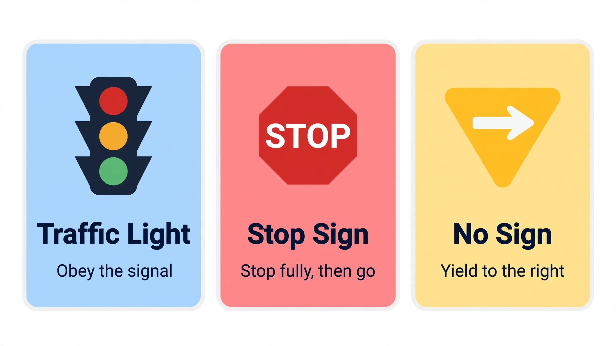 Infographic showing three intersection types: a traffic light labelled Obey the signal, a stop sign labelled Stop fully then go, and no sign labelled Yield to the right