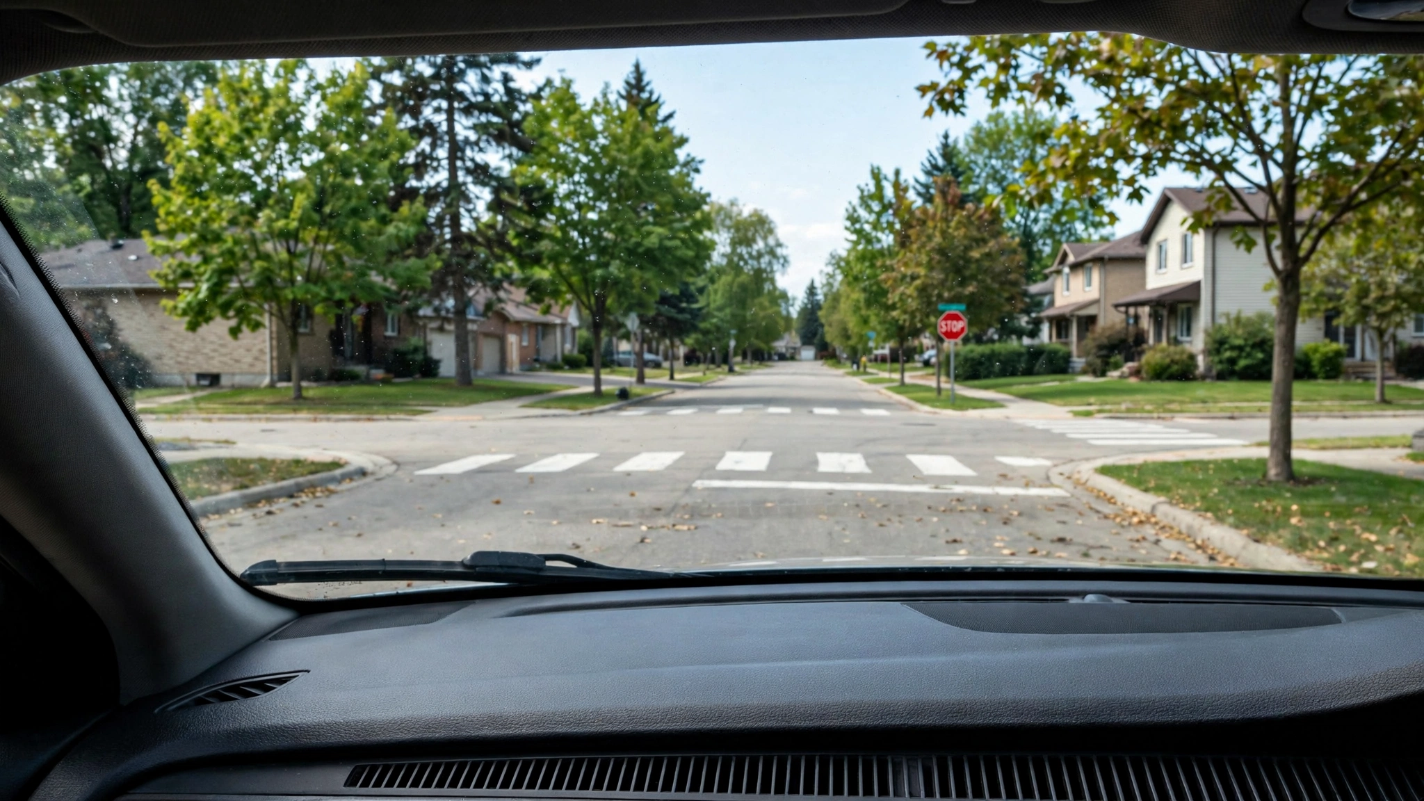 Driver's point-of-view photo of a stop line and crosswalk markings ahead at a suburban Ontario intersection with a stop sign