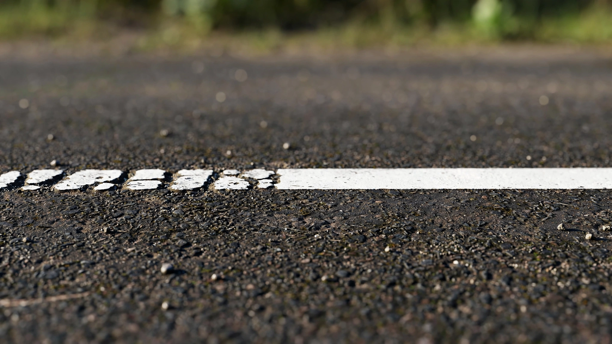 Close-up of a broken white lane line becoming a solid white line on Ontario asphalt