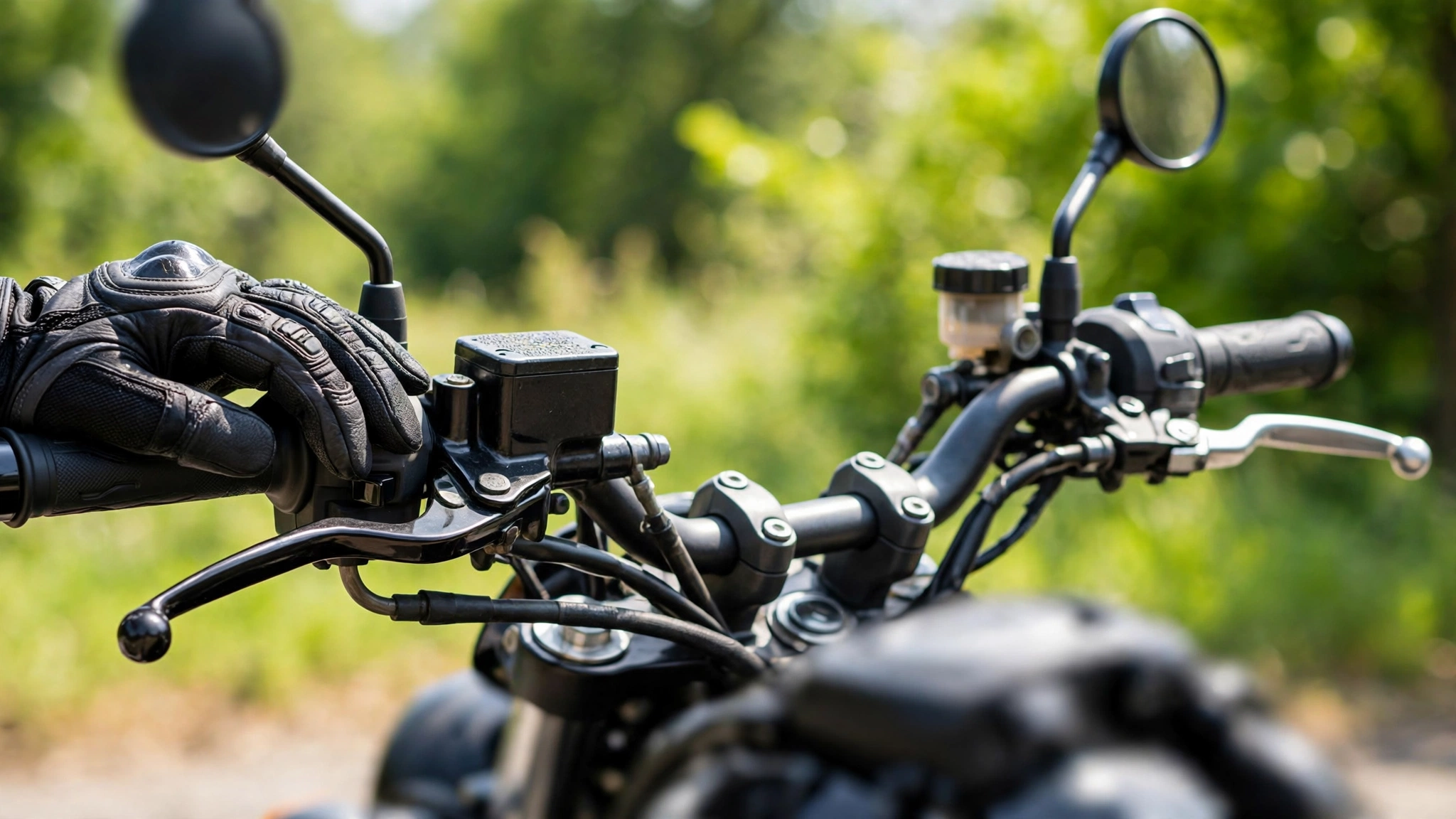 Close-up of motorcycle handlebar controls: throttle grip, clutch lever, brake lever and mirrors