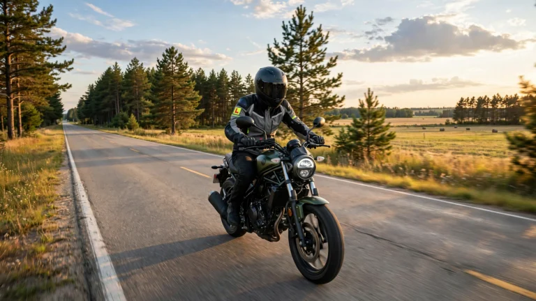 A motorcyclist in full riding gear riding down a two-lane Ontario country road at golden hour
