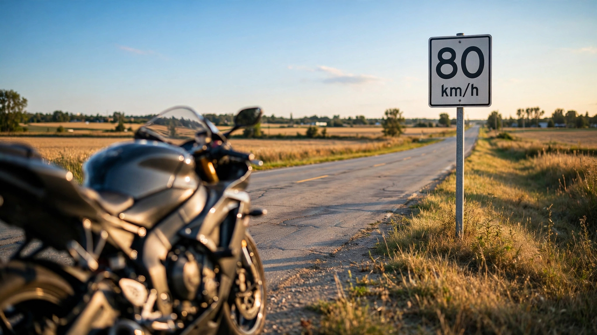 An 80 km/h speed-limit sign on an Ontario rural road with a parked motorcycle on the shoulder