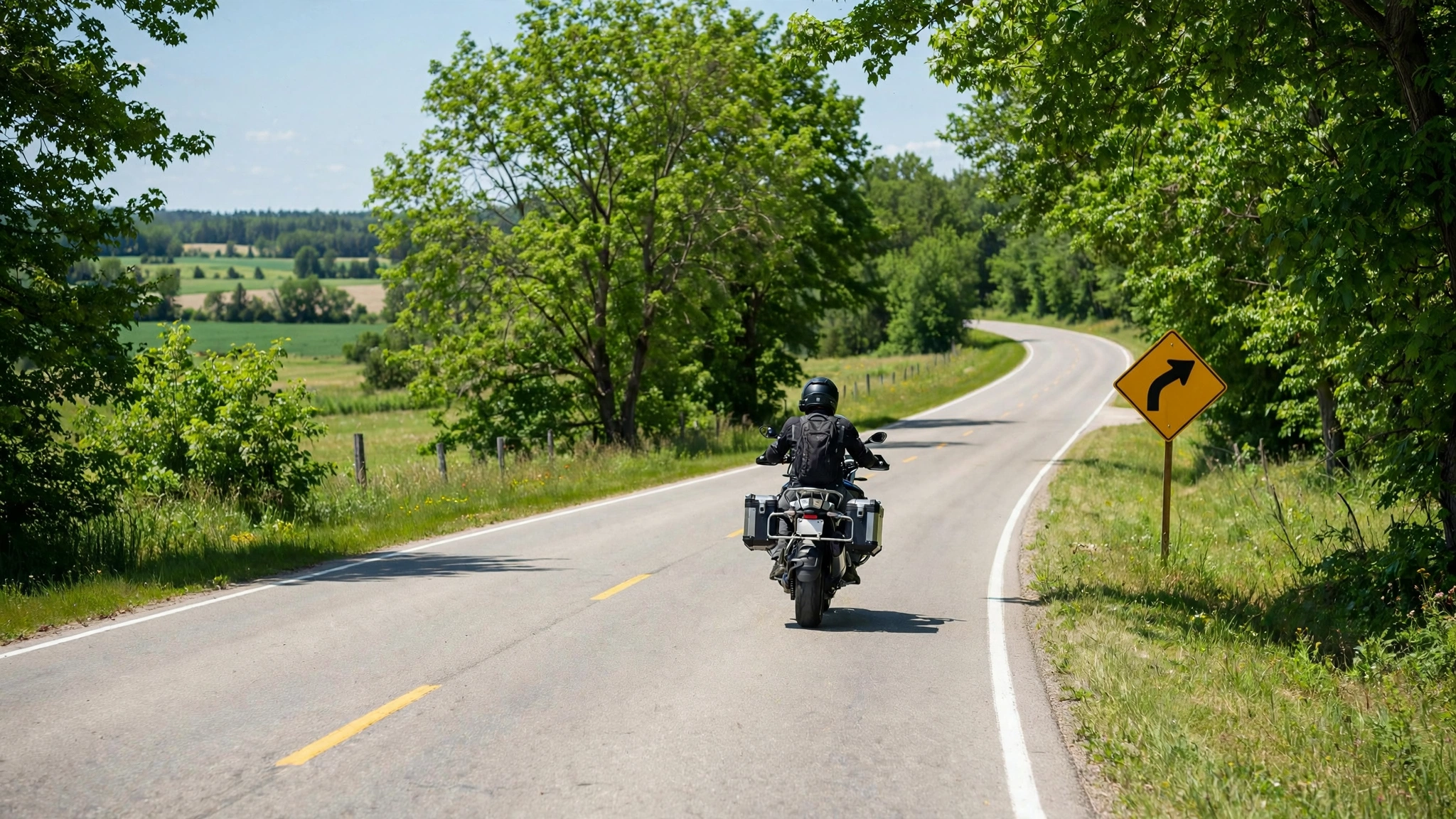 Motorcyclist riding on a scenic Ontario highway with green directional signs