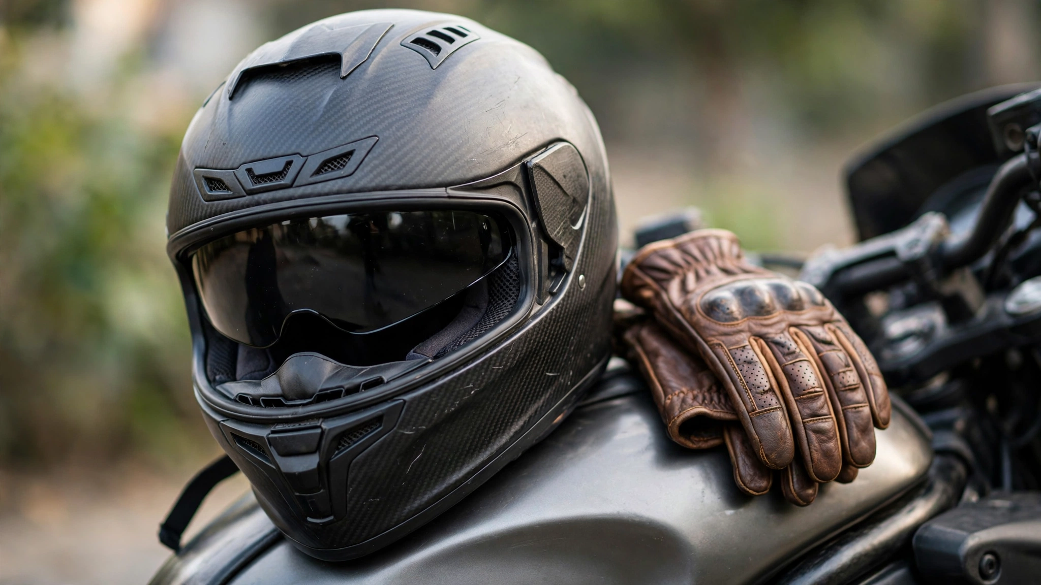 Motorcycle rider wearing an approved helmet and protective riding gear on an Ontario road