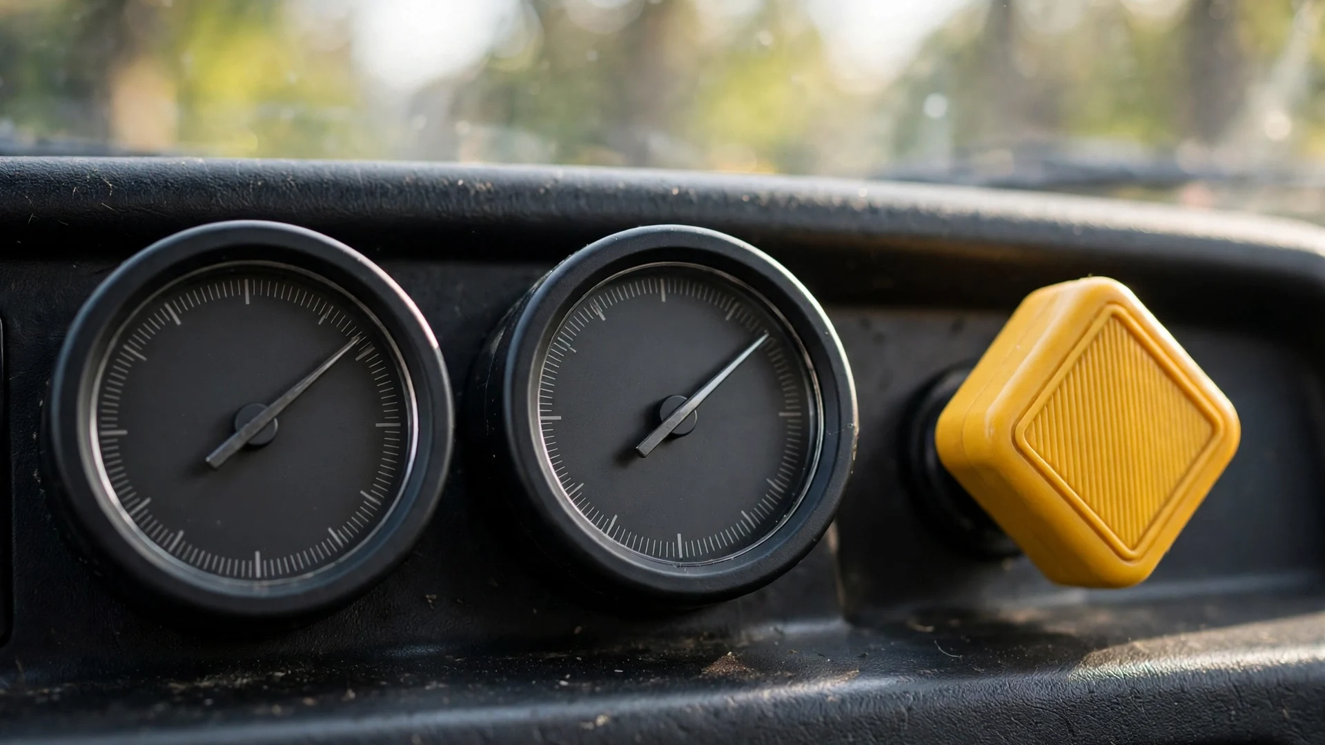 Heavy truck dashboard with dual air pressure gauges and a yellow parking brake control knob