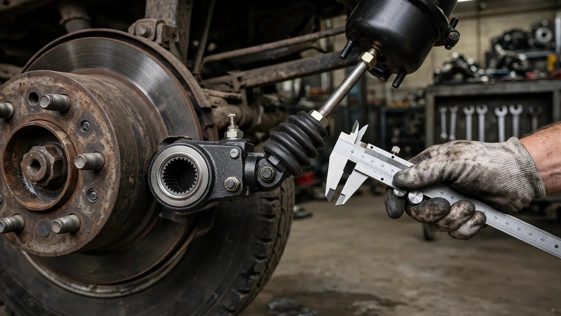 Close-up of a truck brake chamber, slack adjuster and pushrod being measured during an air brake adjustment check