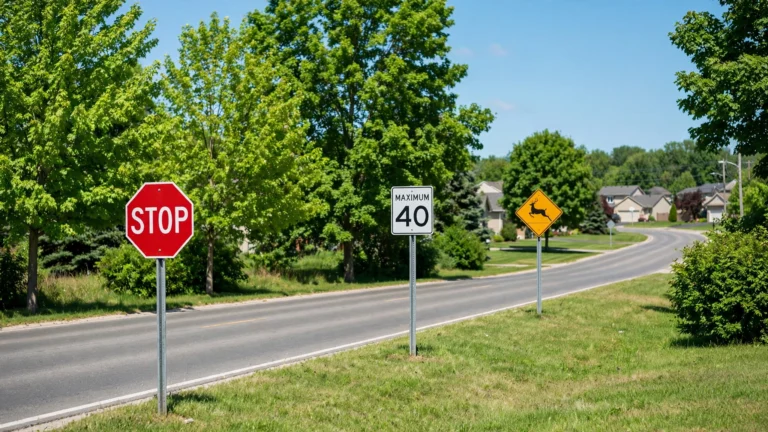Ontario suburban road with stop sign, maximum 40 speed limit sign, and deer crossing warning sign