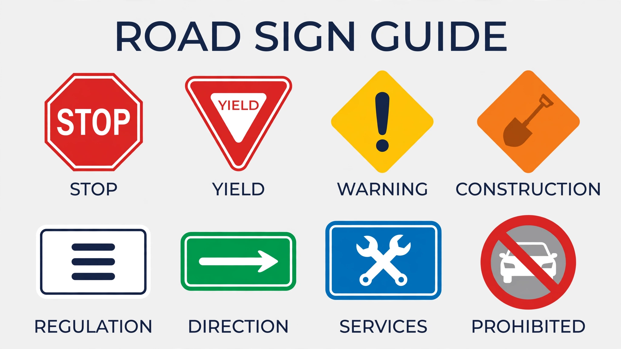 Flat-design infographic chart showing how to decode Ontario road signs by shape and colour: octagon means stop, triangle means yield, yellow diamond means warning, orange diamond means construction, white rectangle means regulation, green rectangle means direction, blue rectangle means services, and red circle with slash means prohibited