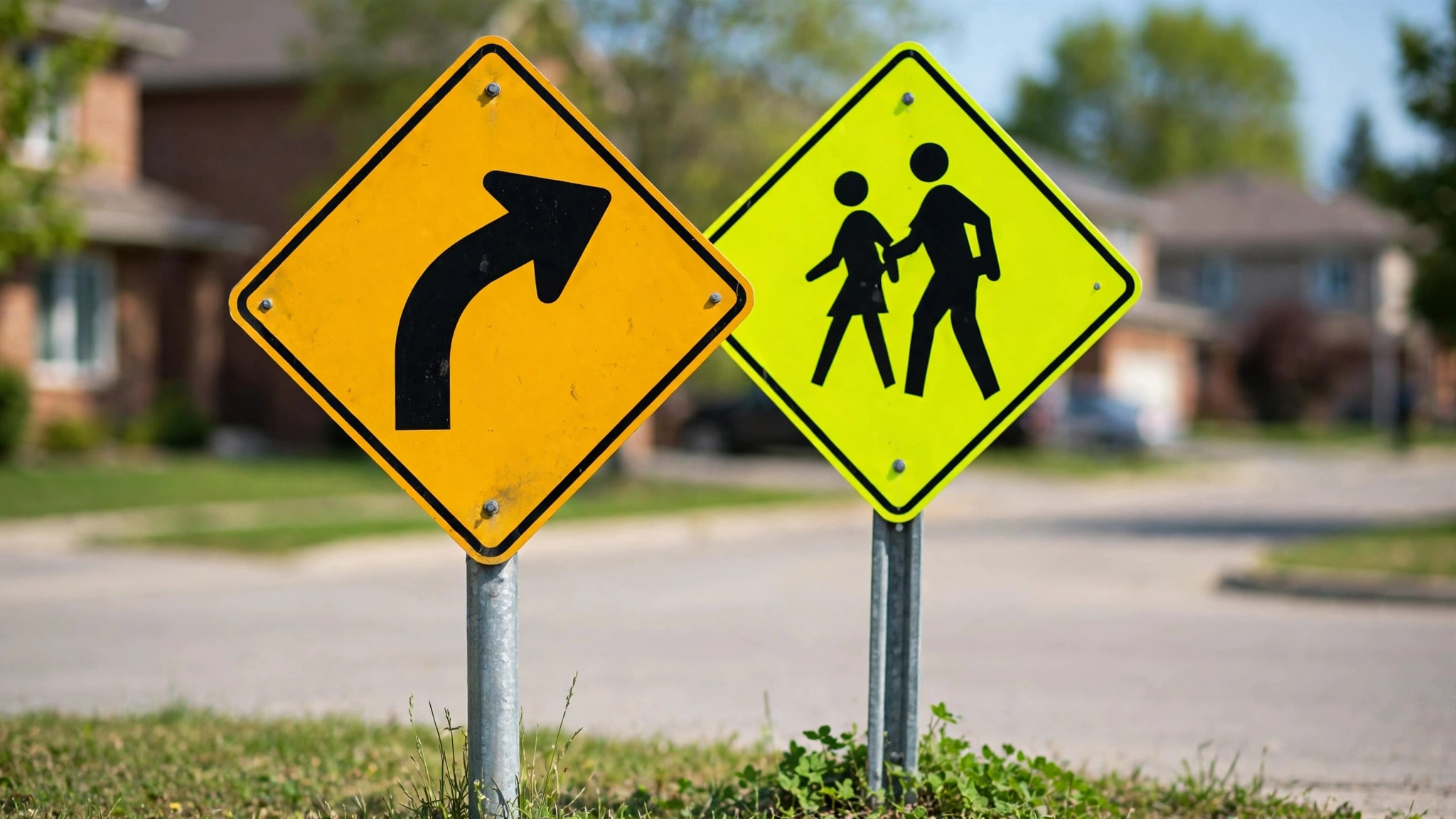 Close-up of Ontario warning road signs at a suburban intersection, including a yellow diamond curve warning sign and a fluorescent school zone sign