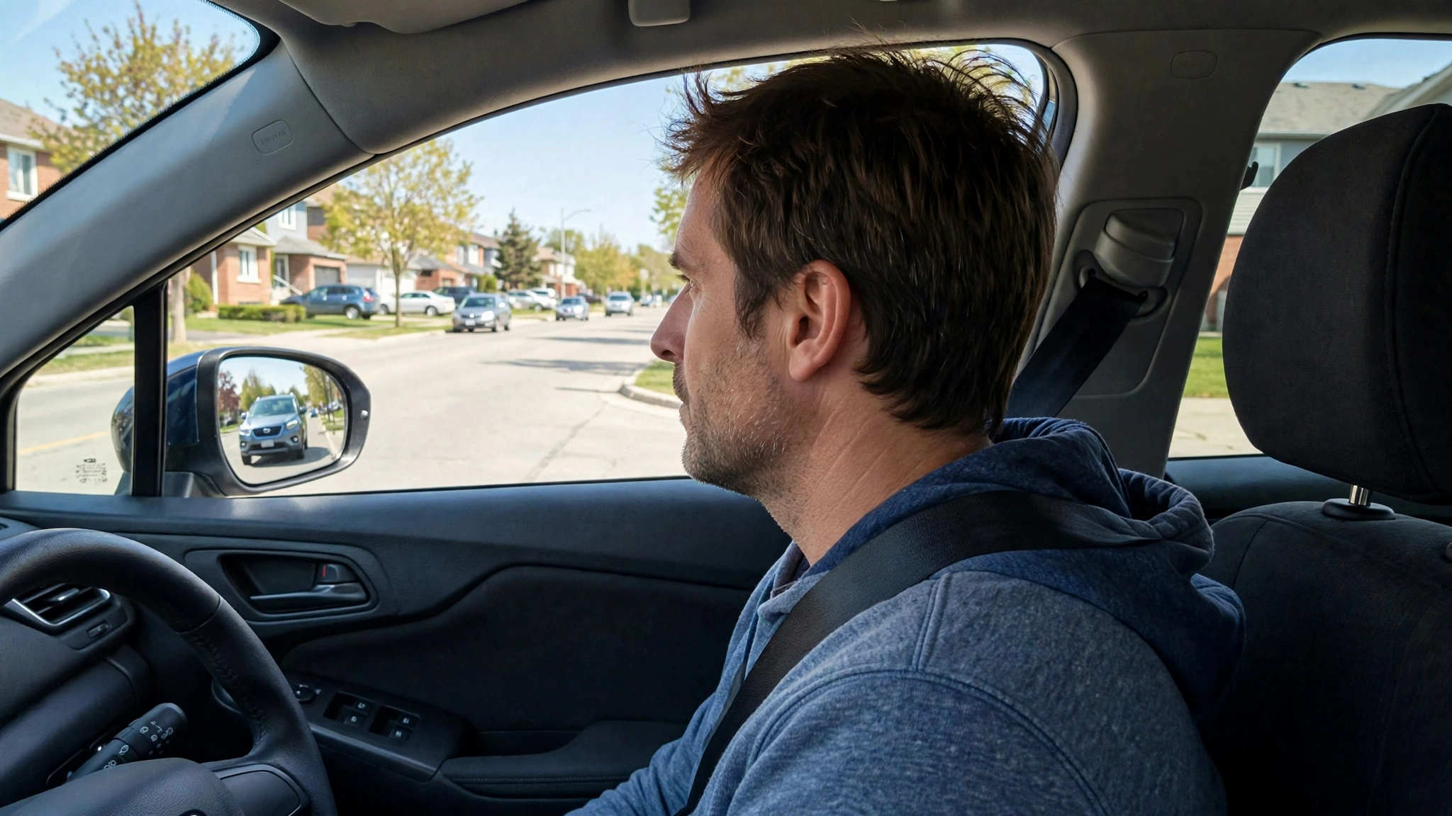 Driver inside a car glancing over the left shoulder to check the blind spot before changing lanes on a suburban Ontario road