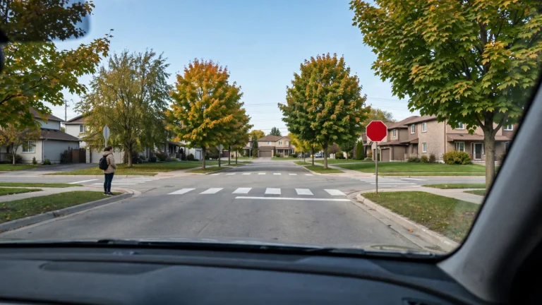 Driver's view approaching a four-way stop intersection in an Ontario suburb, with a stop sign, stop line, crosswalk, and a waiting pedestrian