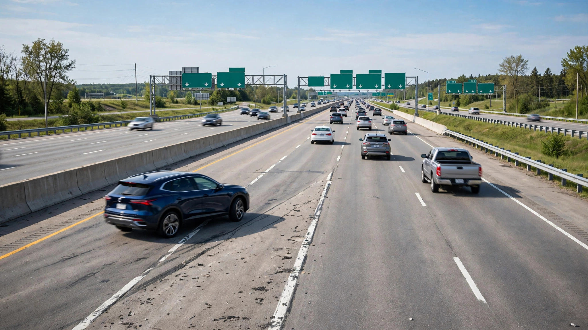 Car merging onto a multi-lane Ontario freeway from an on-ramp, matching the speed of traffic in the right lane