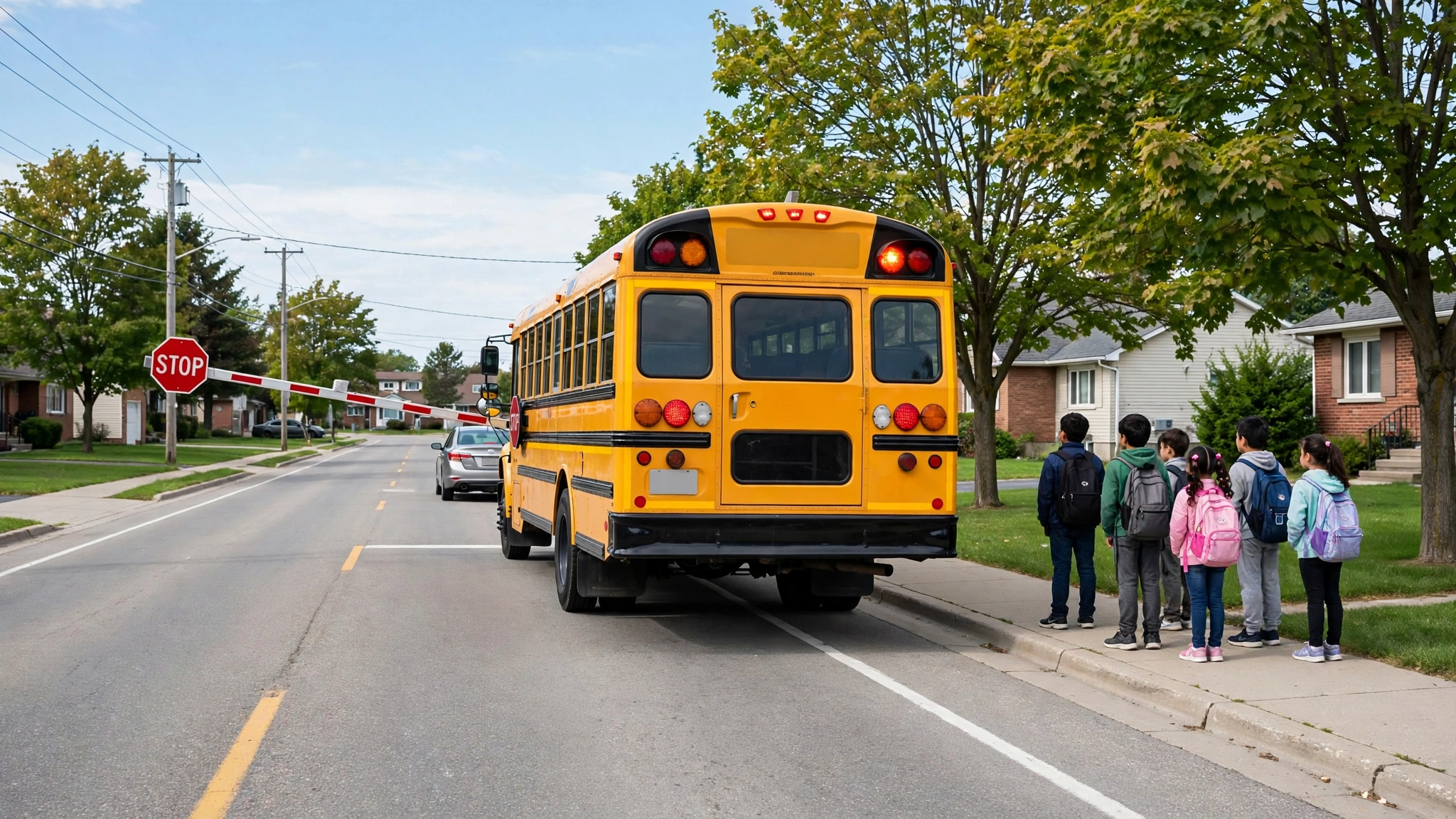 Yellow school bus stopped on an Ontario road with red lights flashing and stop arm extended, with a car stopped a safe distance behind it