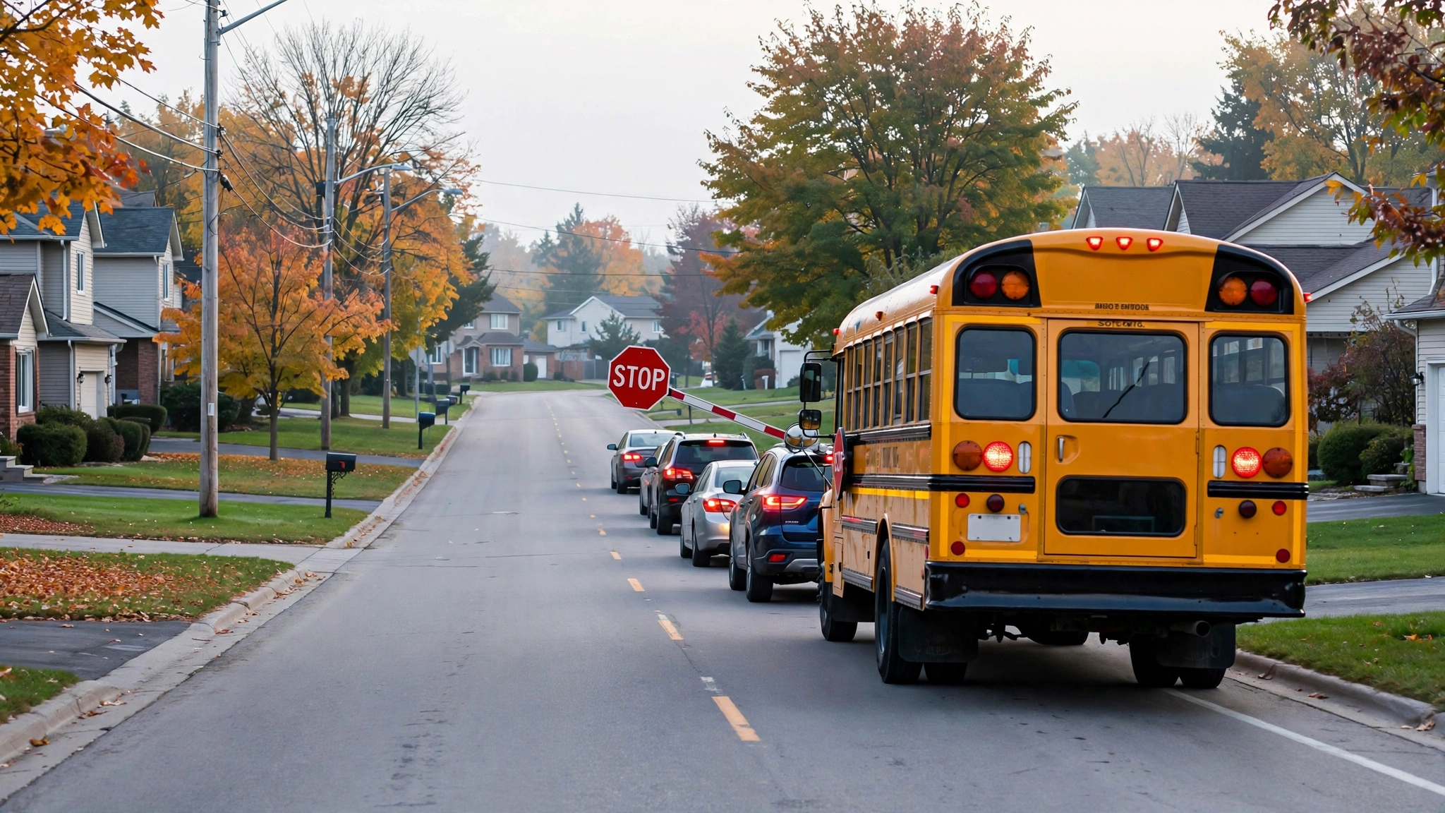 Yellow school bus stopped on an Ontario suburban street with its red lights flashing and stop arm extended while cars wait behind it