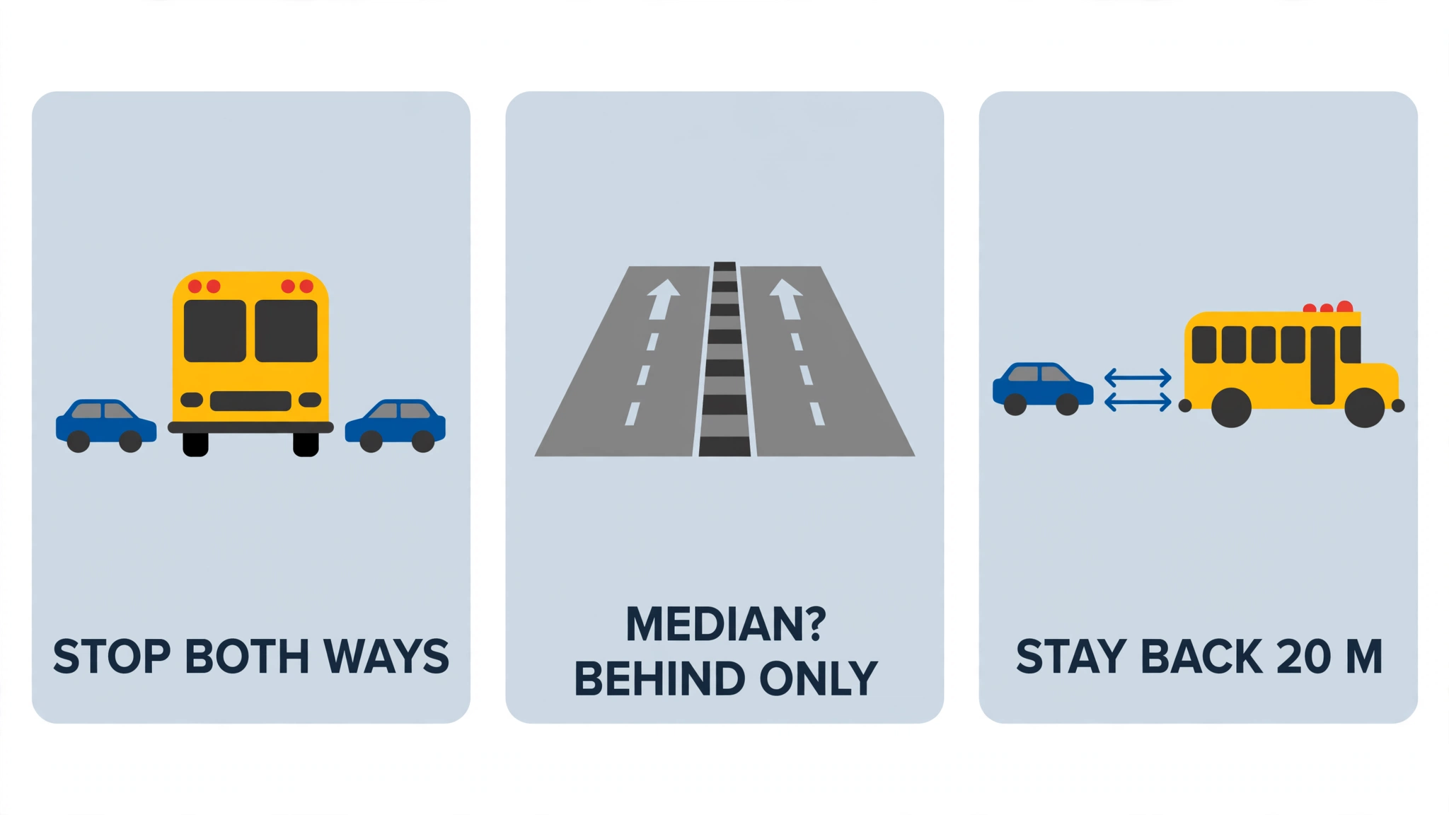Infographic summarizing Ontario school bus stopping rules: stop in both directions when red lights flash, only traffic behind the bus stops on roads with a median, and stay back at least 20 metres