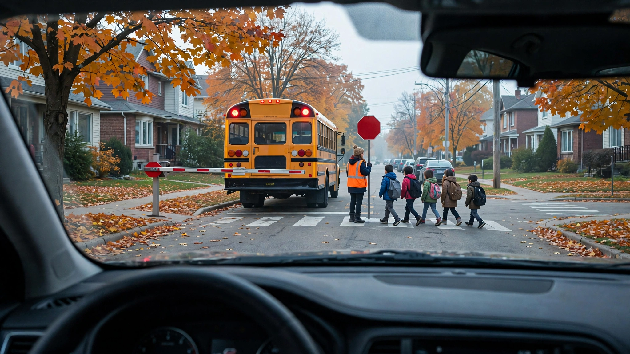 Driver's view through a windshield of a stopped school bus with red lights flashing while children cross the street in Ontario
