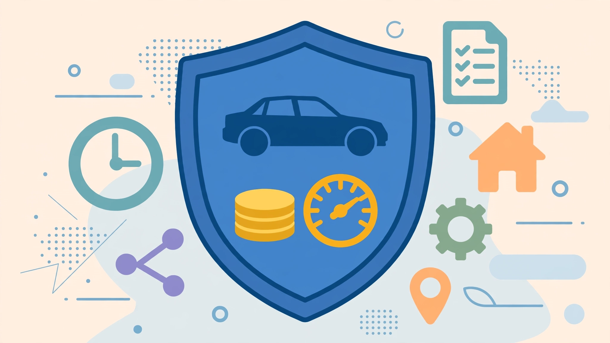 Illustration of a car insurance concept: a shield emblem with a car, coins and a gauge dial showing price factors