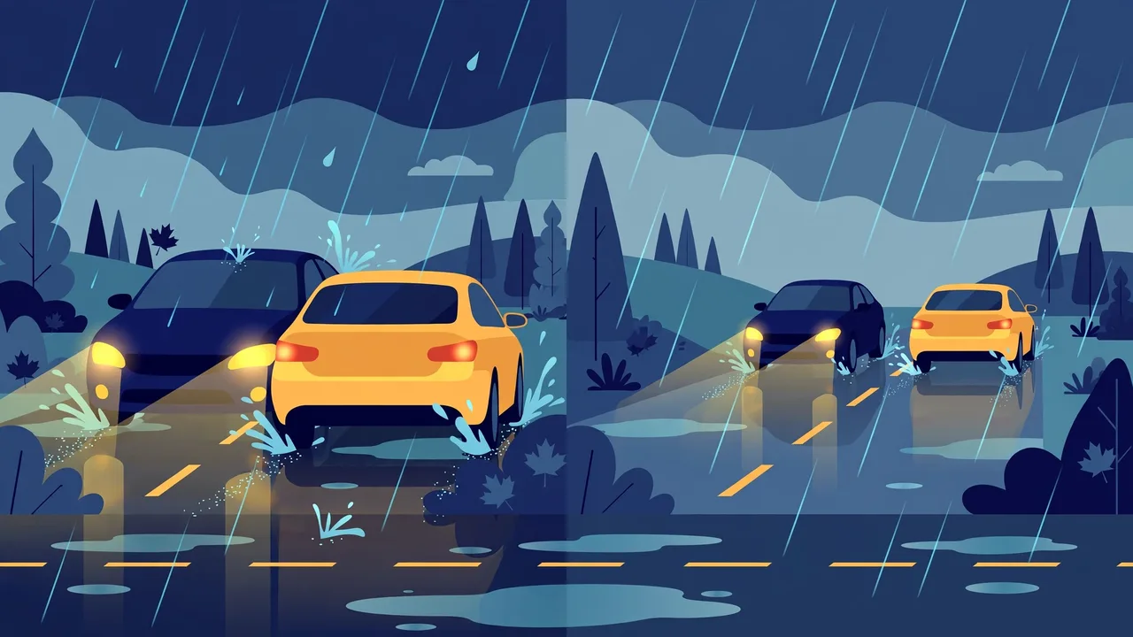 Car maintaining a safe following distance behind another vehicle on a rainy Ontario highway, with visible distance gap markings on the wet road