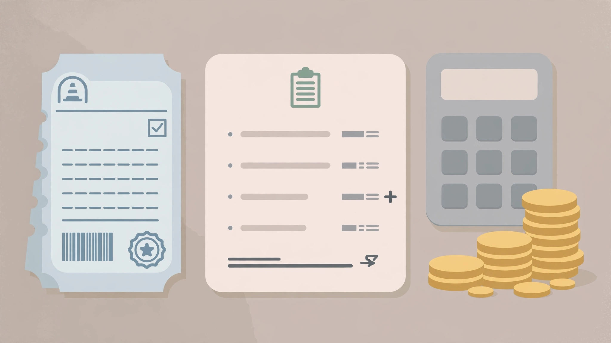 Illustration of a traffic ticket with an itemized fine breakdown, a calculator, and stacked coins
