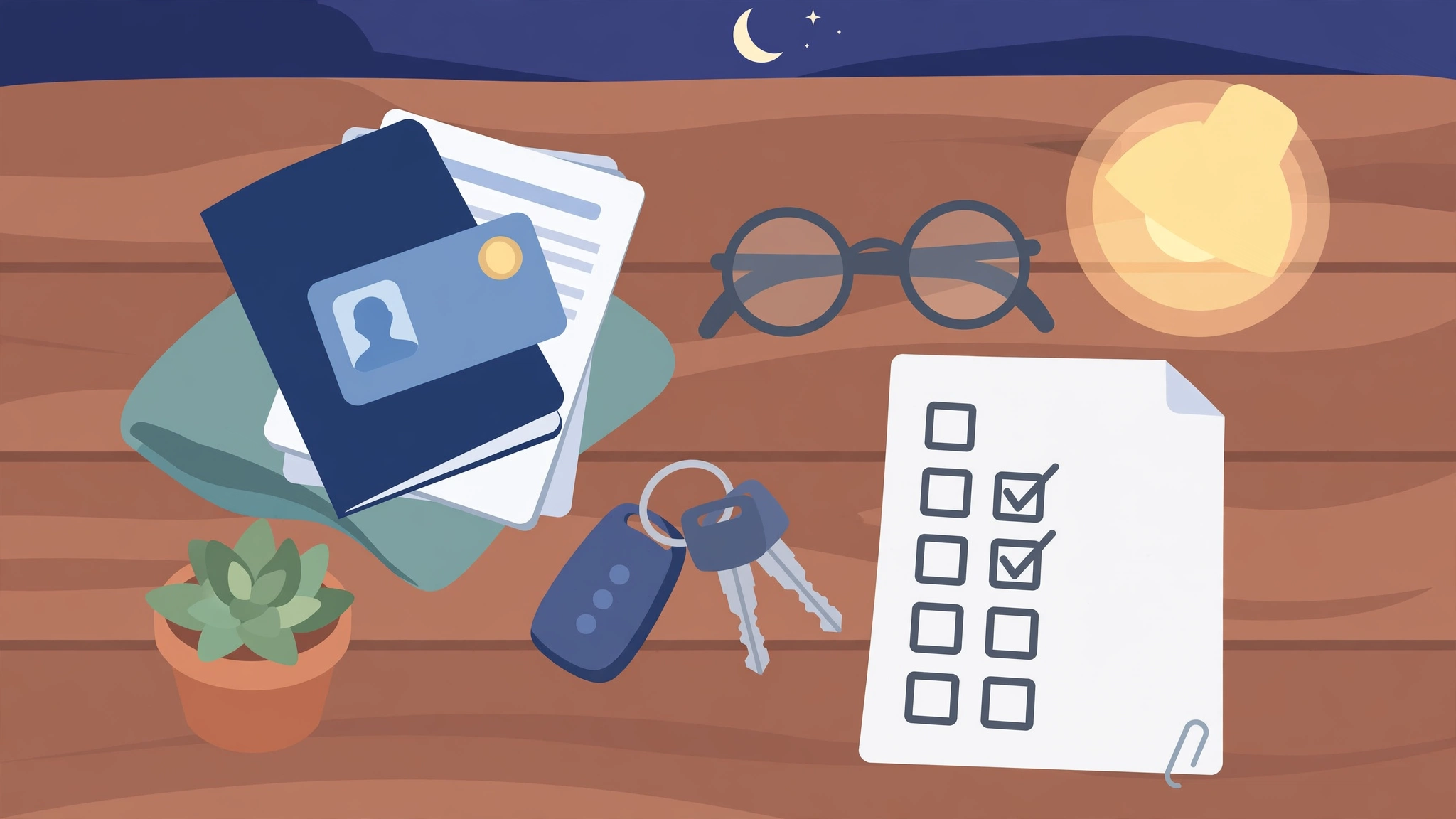 Illustration of a test-day checklist: ID documents, car keys, glasses and a printed booking confirmation laid out on a table