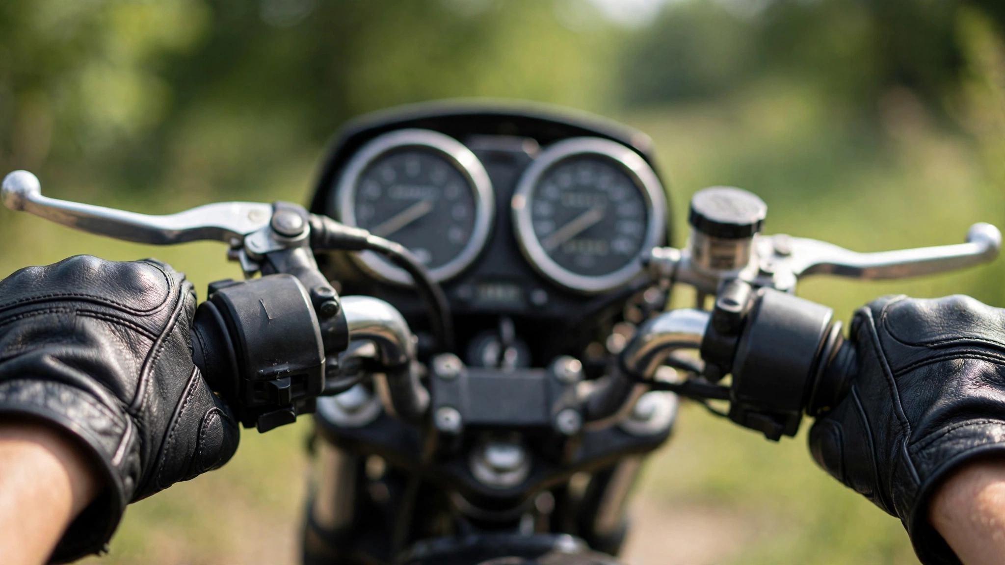 Close-up of a motorcycle's handlebar controls with a rider's gloved hands on the grips