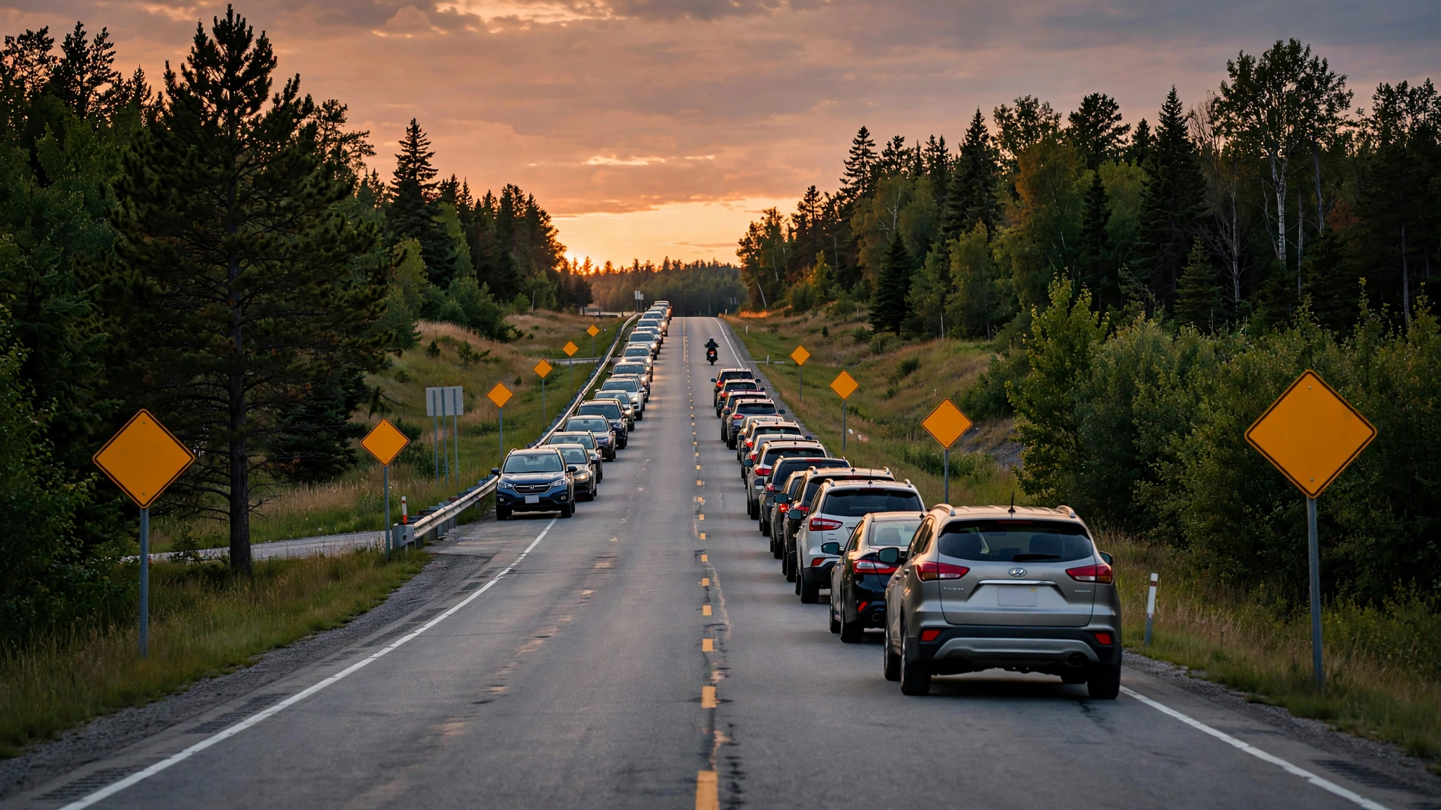Ontario road lined with traffic signs at dusk with a motorcyclist riding in the distance