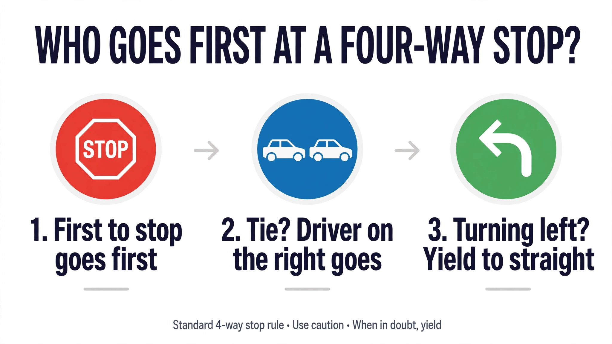 Infographic: three-step decision flow for who goes first at a four-way stop — first to stop goes first, ties go to the driver on the right, left turns yield to straight-through traffic