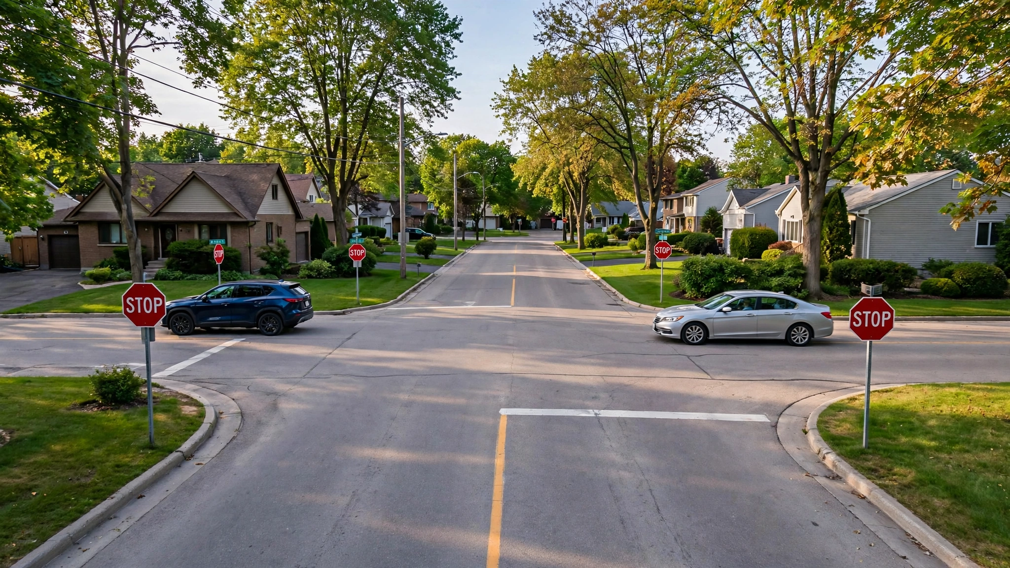 Four-way stop intersection in a suburban Ontario neighbourhood with stop signs on all corners