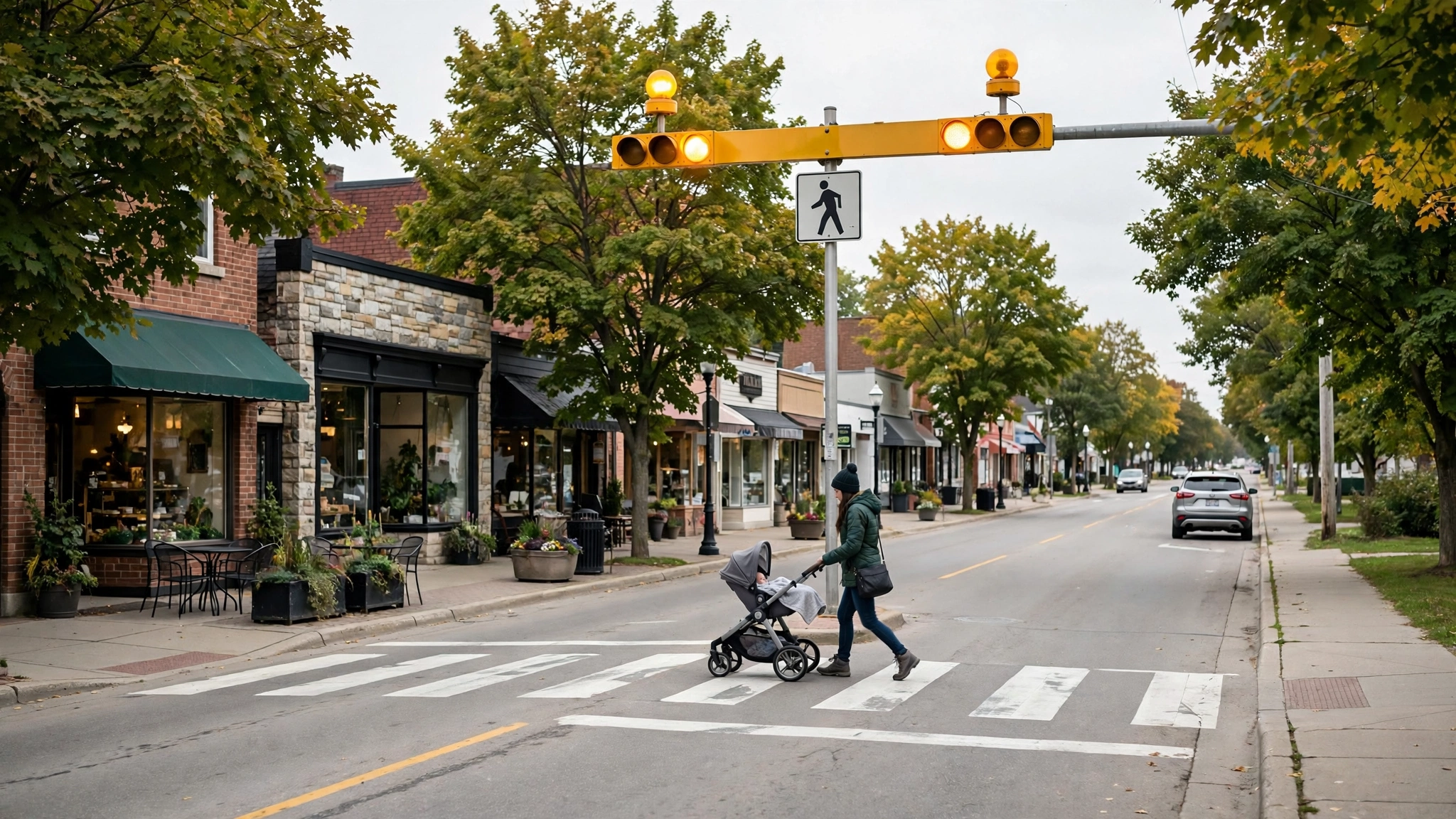 Car stopped at a pedestrian crossover in Ontario while a pedestrian crosses the full width of the road