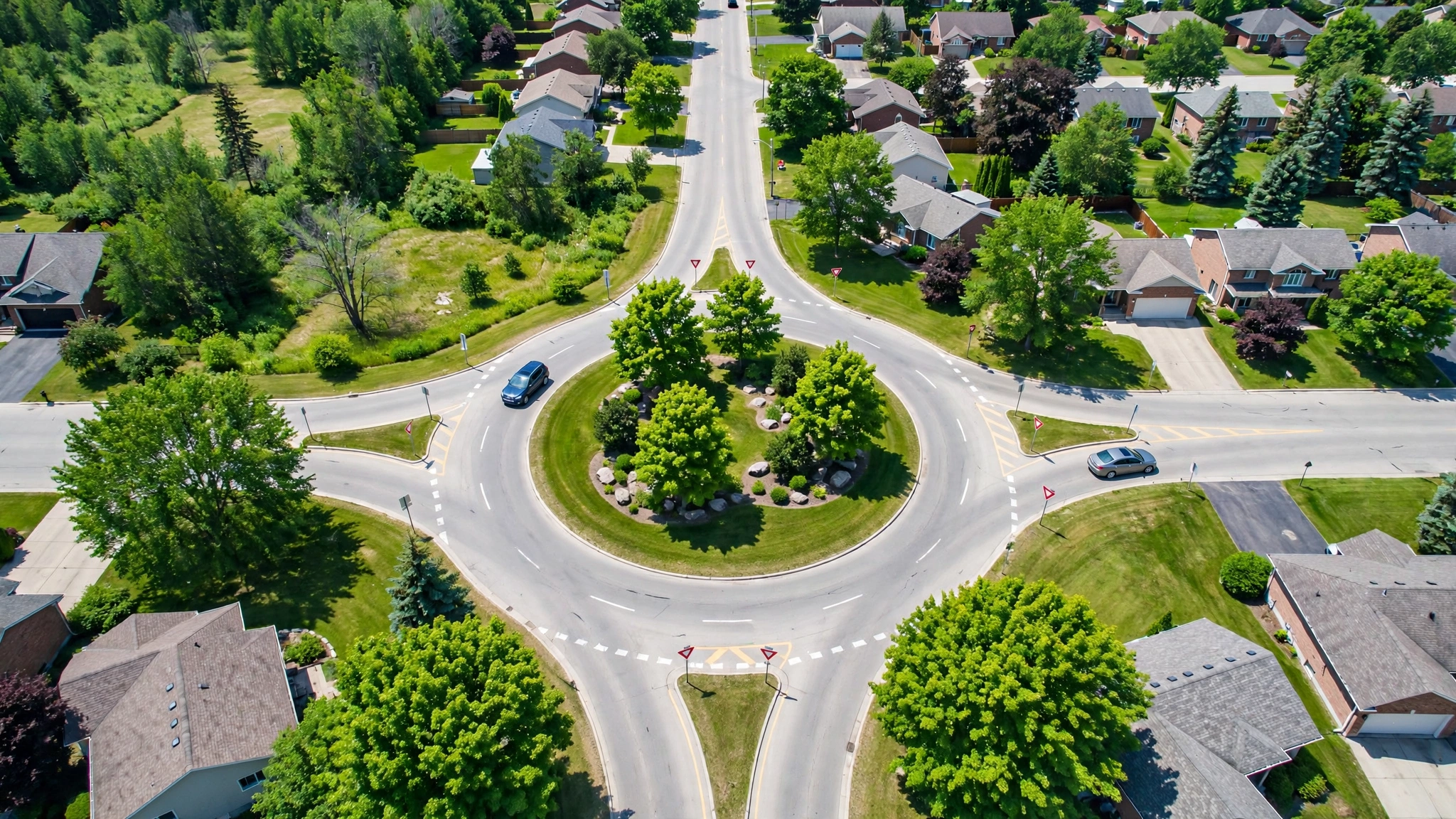Aerial view of a car yielding at the entry of a single-lane roundabout in Ontario