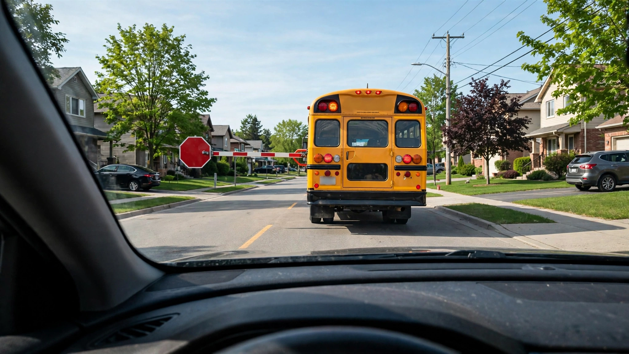 School bus with red stop arm extended on an Ontario road, seen from the driver's seat of a waiting car