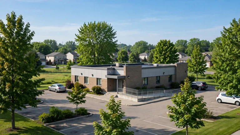 Exterior of a DriveTest driver examination centre building with a parking lot in Ontario on a clear morning